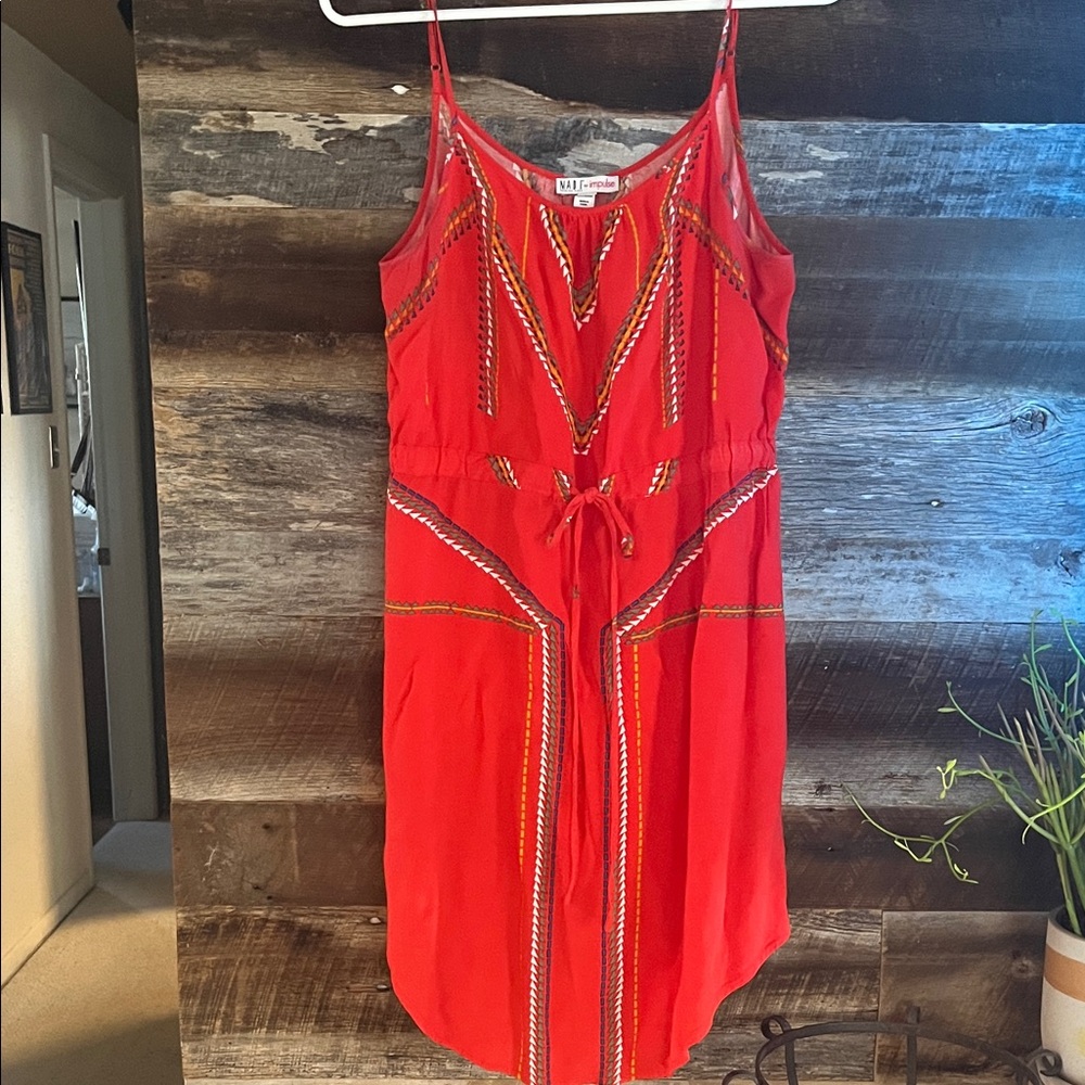 Vibrant Red Mini Dress with empire tie waist and Aztec pattern